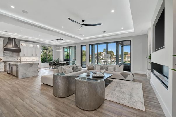 Interior, Kitchen, Living room, Marble Walls, Recessed Lighting, Stainless Steel Appliances, Wood Texture Flooring