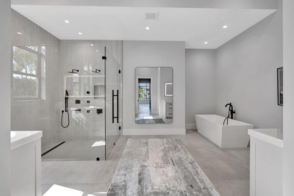 Bathroom, Free Standing Baths, Glass Shower, Interior, Recessed Lighting