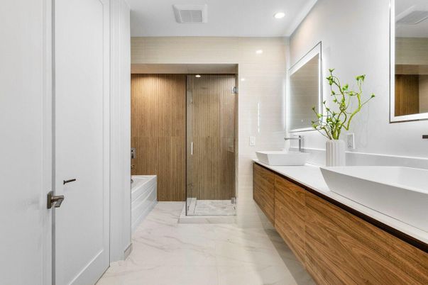 Bathroom, Dual Sink Vanities, Glass Shower, Interior, Marble, Recessed Lighting