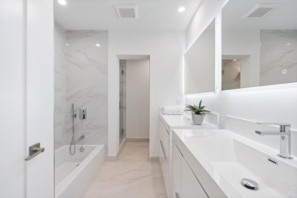 Bathroom, Dual Sink Vanities, Interior, Marble, Marble Walls, Recessed Lighting
