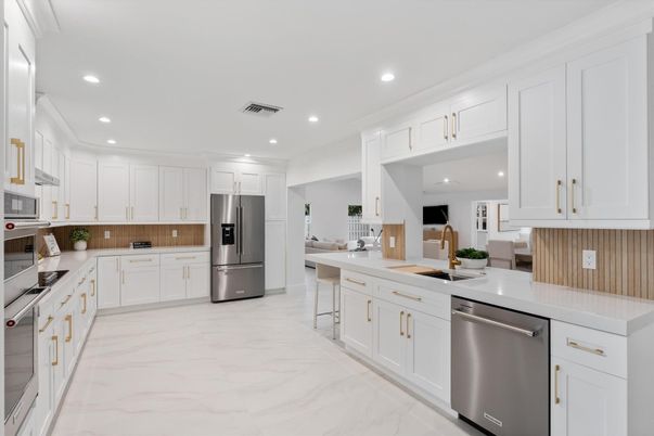 Interior, Kitchen, Marble, Recessed Lighting, Stainless Steel Appliances