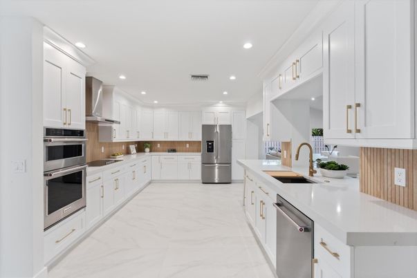 Interior, Kitchen, Marble, Recessed Lighting, Stainless Steel Appliances