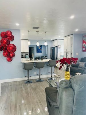 Interior, Kitchen, Living room, Pendant Lights, Recessed Lighting, Stainless Steel Appliances, Wood Texture Flooring