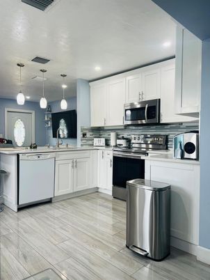Interior, Kitchen, Pendant Lights, Recessed Lighting, Stainless Steel Appliances, Wood Texture Flooring