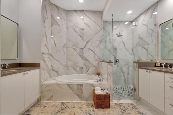 Bathroom, Glass Shower, Interior, Marble Walls, Recessed Lighting