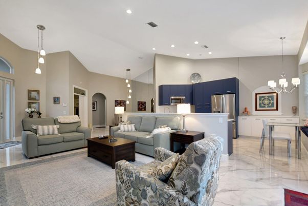 Chandelier, Interior, Kitchen, Living room, Marble, Pendant Lights, Recessed Lighting, Stainless Steel Appliances