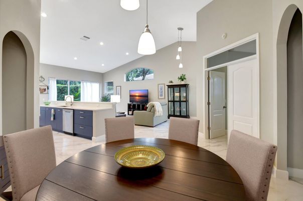 Dining room, Fireplace, Interior, Kitchen, Living room, Pendant Lights, Recessed Lighting