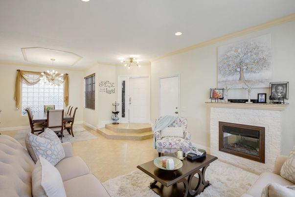 Chandelier, Dining room, Fireplace, Interior, Living room, Recessed Lighting