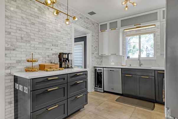 Interior, Kitchen, Pendant Lights, Stainless Steel Appliances, Stone Walls