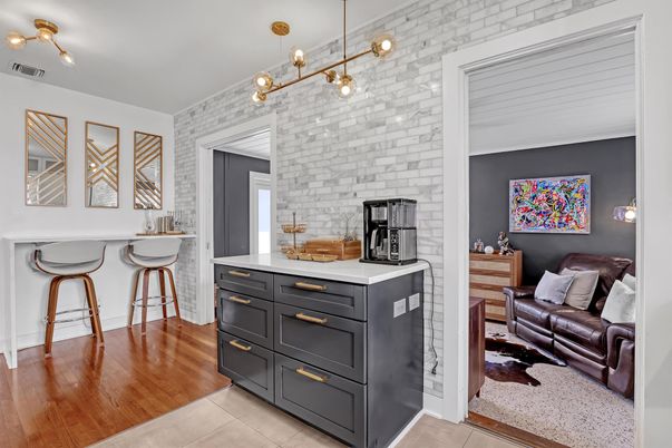Interior, Kitchen, Pendant Lights, Stone Walls, Wood Texture Flooring