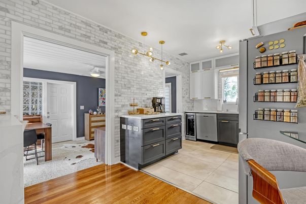 Interior, Kitchen, Pendant Lights, Stone Walls, Wood Texture Flooring