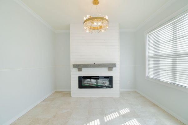 Chandelier, Empty room, Fireplace, Interior