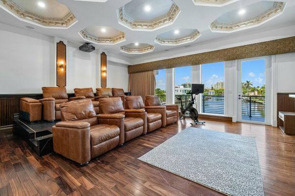 Home Theatre Room, Fitness Equipment, Interior, Recessed Lighting, Theatre Room, Wood Texture Flooring