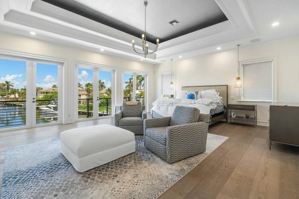 Bedroom, Interior, Pendant Lights, Recessed Lighting, Wood Texture Flooring