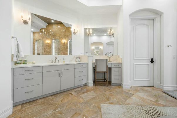 Bathroom, Chandelier, Dual Sink Vanities, Interior, Recessed Lighting