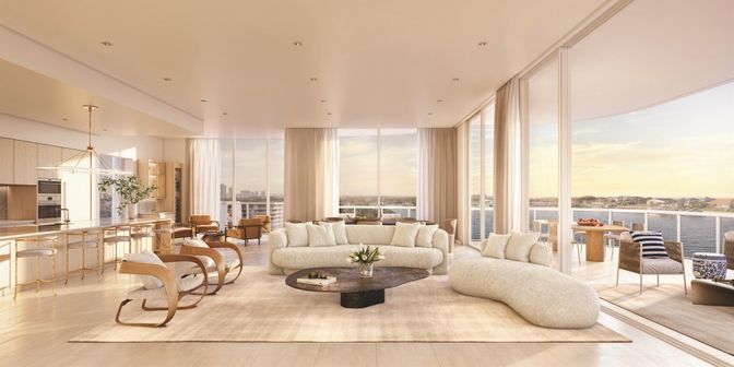 Dining room, Interior, Kitchen, Living room, Recessed Lighting, Stainless Steel Appliances, Water, Wood Texture Flooring