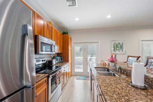 Interior, Kitchen, Recessed Lighting, Stainless Steel Appliances, Wood Texture Flooring
