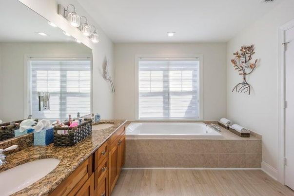 Bathroom, Dual Sink Vanities, Interior, Recessed Lighting, Wood Texture Flooring