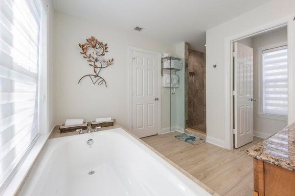 Bathroom, Glass Shower, Interior, Wood Texture Flooring