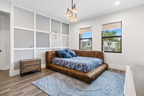 Bedroom, Chandelier, Interior, Recessed Lighting, Wood Texture Flooring