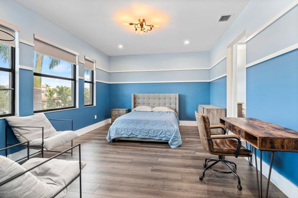 Bedroom, Home Office, Interior, Recessed Lighting, Wood Texture Flooring