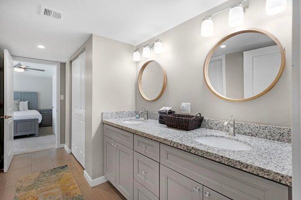 Bathroom, Bedroom, Dual Sink Vanities, Interior, Recessed Lighting, Wood Texture Flooring
