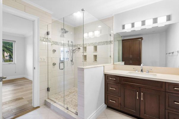 Bathroom, Glass Shower, Interior, Recessed Lighting, Wood Texture Flooring