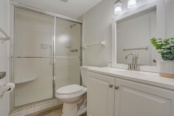 Bathroom, Glass Shower, Interior, Wood Texture Flooring