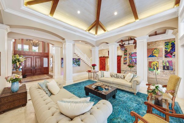 Interior, Living room, Recessed Lighting, Stone Walls, Wooden Beams
