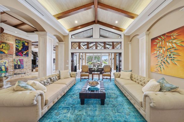 Interior, Living room, Recessed Lighting, Stone Walls, Wooden Beams