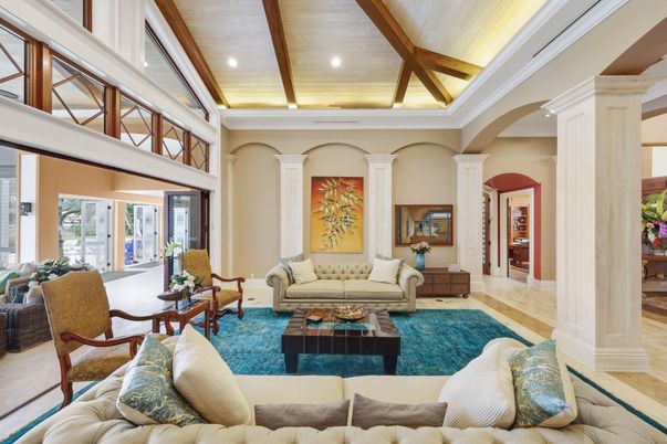 Interior, Living room, Recessed Lighting, Wooden Beams