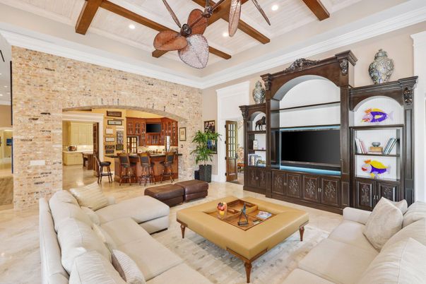 Interior, Kitchen, Living room, Recessed Lighting, Stone Walls, Wooden Beams