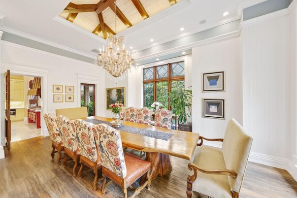 Chandelier, Dining room, Interior, Recessed Lighting, Wood Texture Flooring