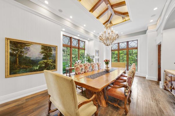Chandelier, Dining room, Interior, Recessed Lighting, Wood Texture Flooring