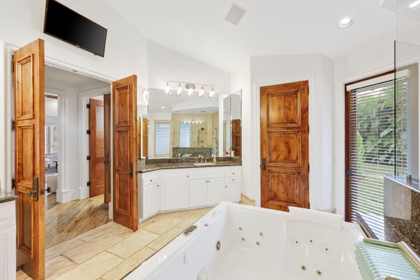 Bathroom, Glass Shower, Interior, Recessed Lighting, Wood Texture Flooring