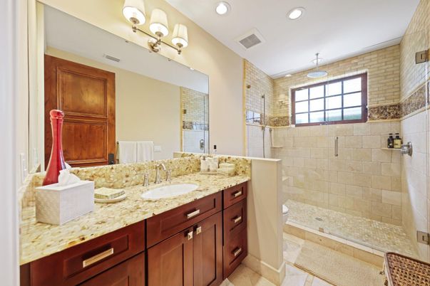 Bathroom, Dual Sink Vanities, Interior, Recessed Lighting, Stone Walls