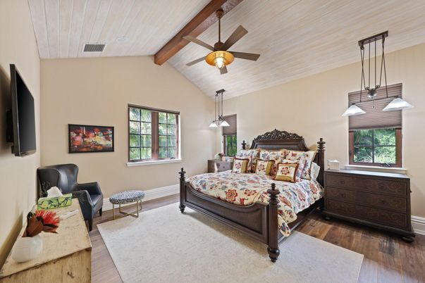 Bedroom, Interior, Pendant Lights, Wooden Beams, Wood Texture Flooring