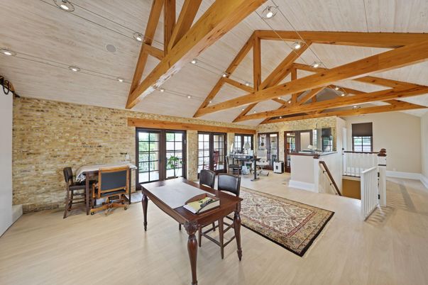 Interior, Recessed Lighting, Stone Walls, Wooden Beams, Wood Texture Flooring