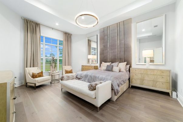 Bedroom, Interior, Pendant Lights, Recessed Lighting, Wood Texture Flooring
