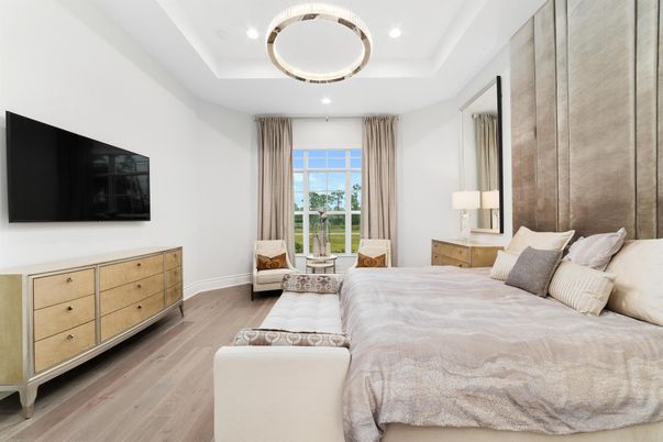 Bedroom, Interior, Pendant Lights, Recessed Lighting, Wood Texture Flooring