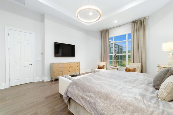 Bedroom, Interior, Pendant Lights, Recessed Lighting, Wood Texture Flooring