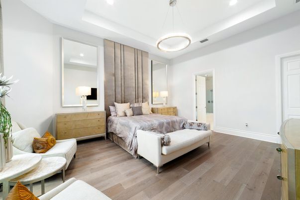 Bedroom, Interior, Pendant Lights, Recessed Lighting, Wood Texture Flooring