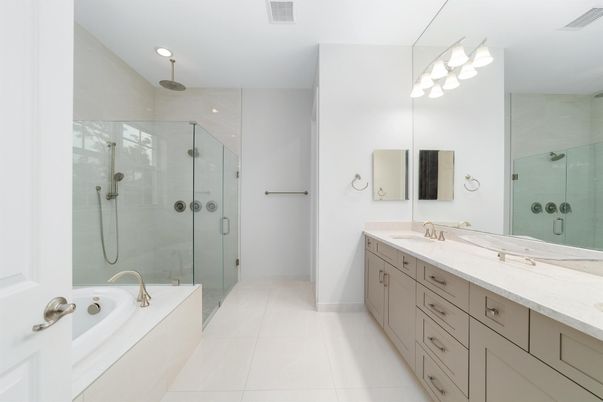Bathroom, Dual Sink Vanities, Glass Shower, Interior, Recessed Lighting
