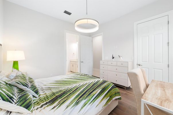 Bedroom, Interior, Pendant Lights, Wood Texture Flooring