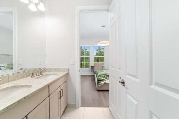 Bathroom, Dual Sink Vanities, Interior, Pendant Lights, Wood Texture Flooring