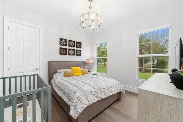 Bedroom, Chandelier, Interior, Wood Texture Flooring