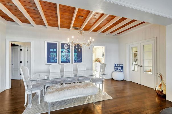 Chandelier, Dining room, Interior, Wooden Beams, Wooden Ceilings, Wood Texture Flooring