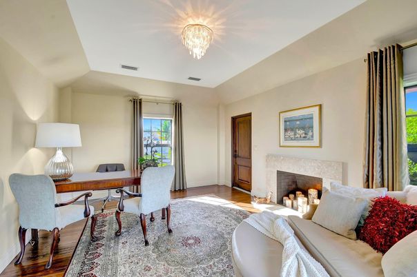 Chandelier, Fireplace, Home Office, Interior, Wood Texture Flooring