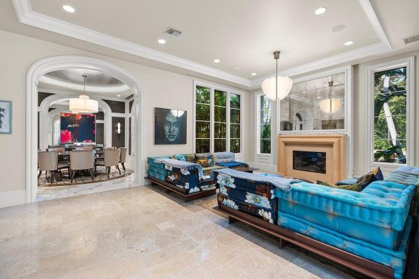 Dining room, Fireplace, Interior, Living room, Pendant Lights, Recessed Lighting