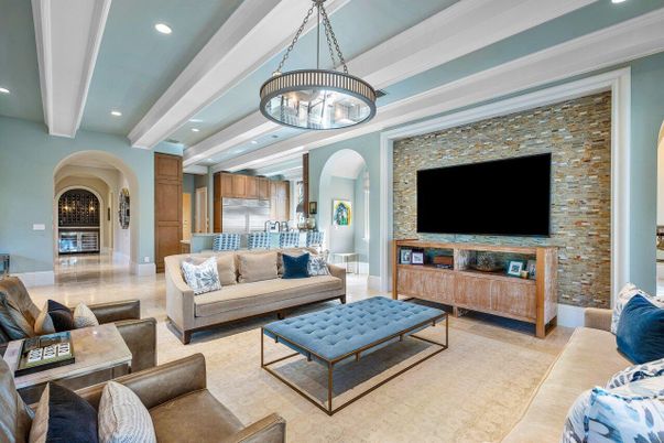 Interior, Kitchen, Living room, Pendant Lights, Recessed Lighting, Stainless Steel Appliances, Stone Walls